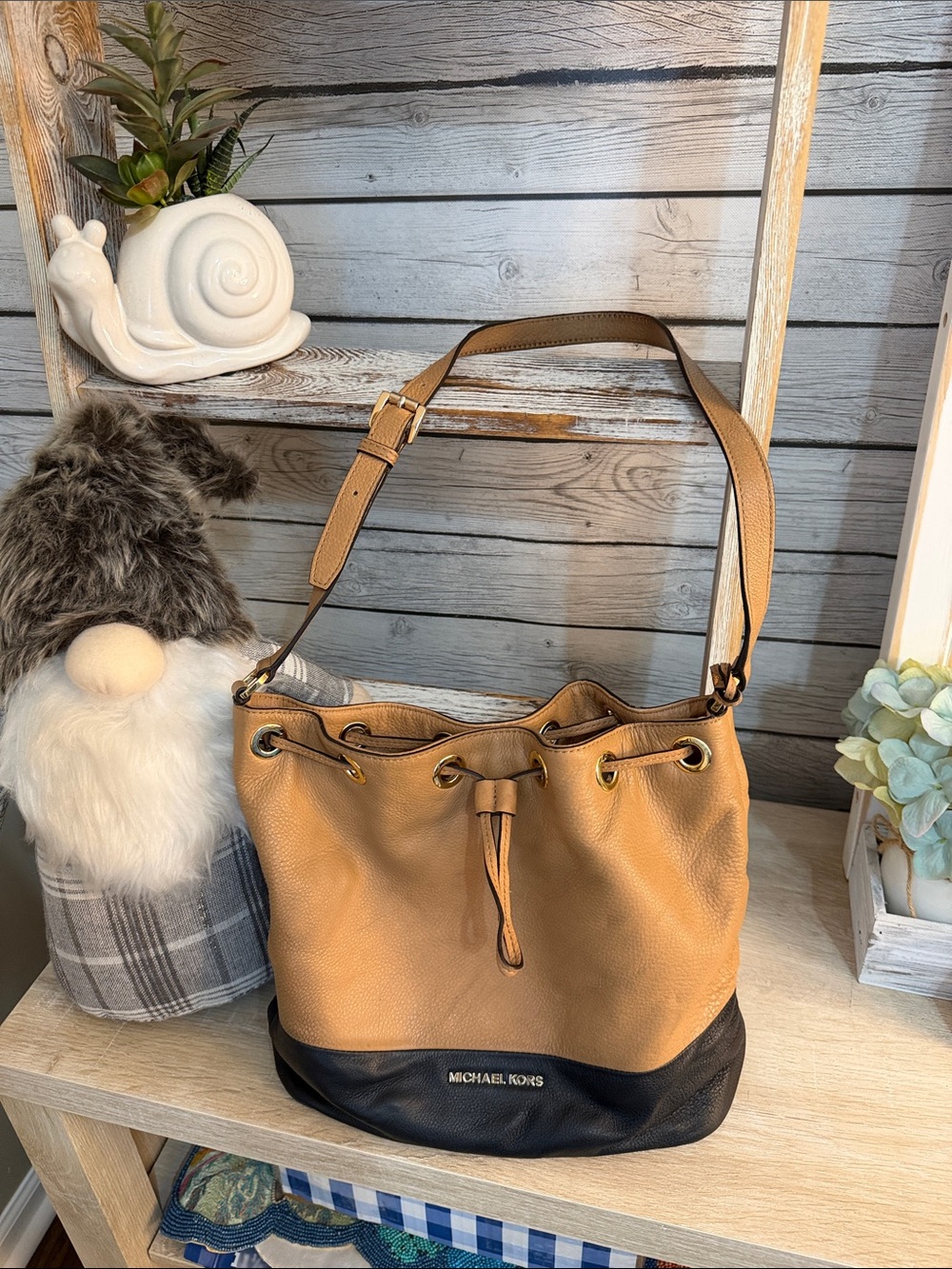 Michael Kors Two-Tone Tan and Black Pebbled Leather Drawstring Shoulder Bag
